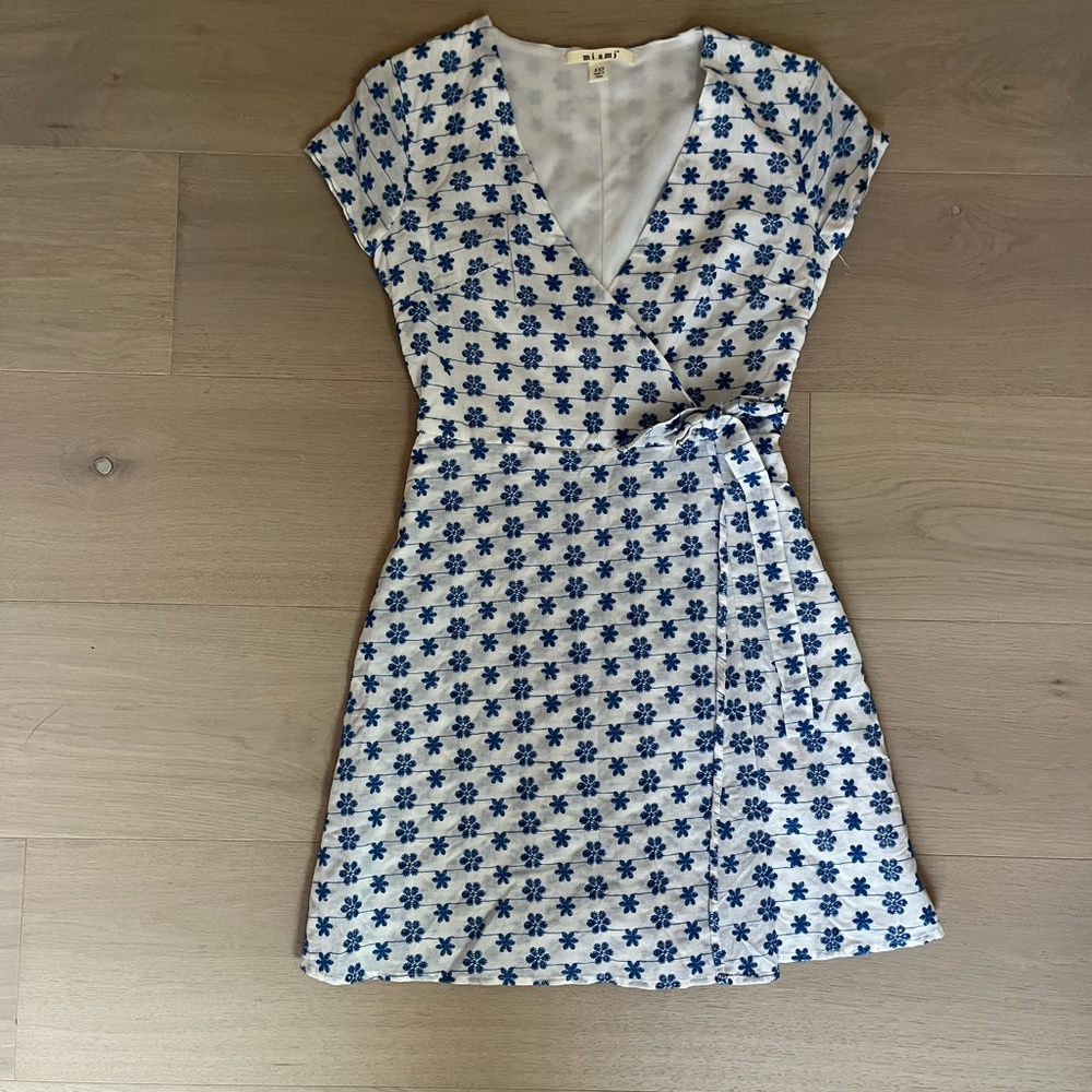 Francesca’s blue and white wrap mini dress